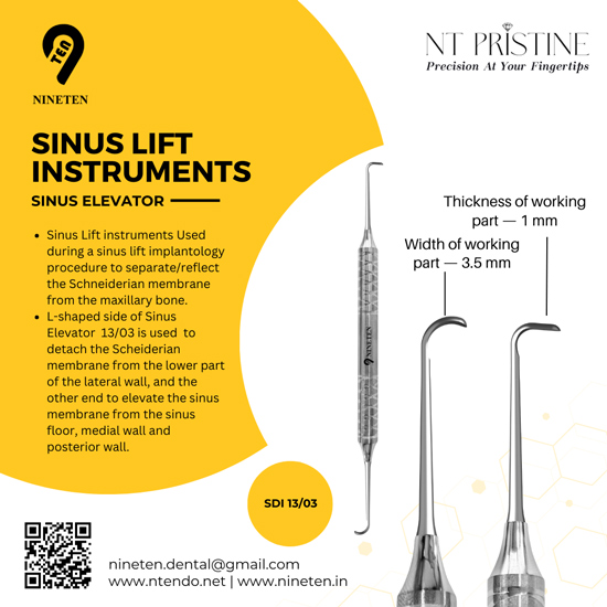 Sinus elevator dental instrument for Schneiderian membrane detachment and elevation in sinus lift procedures