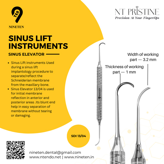 Sinus elevator dental instrument with blunt tip for Schneiderian membrane reflection in sinus lift procedures