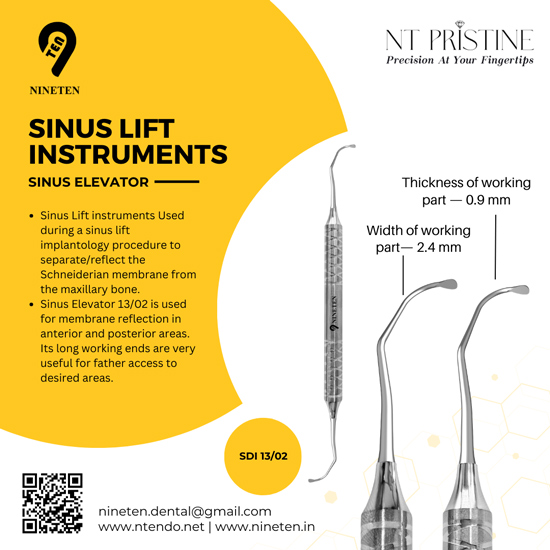 Sinus elevator dental instrument for Schneiderian membrane reflection in anterior and posterior sinus lift procedures