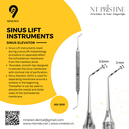 Sinus elevator dental instrument for Schneiderian membrane elevation in sinus lift procedure