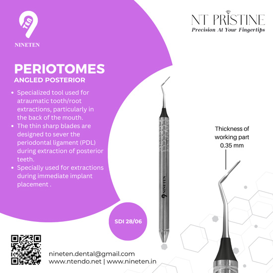 NT Periotomes Angled Posterior SDI 28/06 dental instrument with ultra thin 0.35 mm tip for atraumatic posterior tooth and root extraction