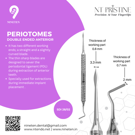 NT Periotomes Double Ended Anterior SDI 28/02 dental instrument with straight and curved thin tips for atraumatic anterior tooth extraction