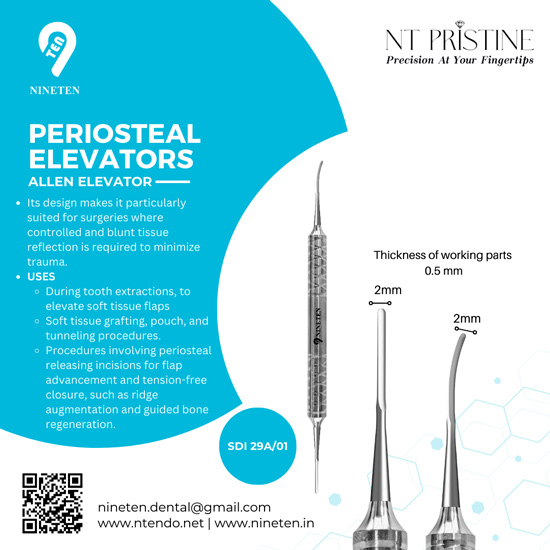 Allen periosteal elevator dental instrument for soft tissue flap elevation and atraumatic surgical procedures