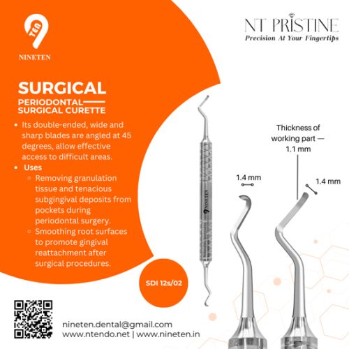Periodontal surgical curette dental instrument for granulation tissue removal and root surface smoothing