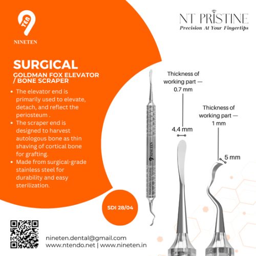 Goldman Fox elevator and bone scraper dental instrument for periosteal elevation and cortical bone harvesting