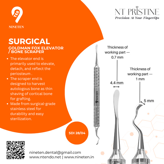 Goldman Fox elevator and bone scraper dental instrument for periosteal elevation and cortical bone harvesting