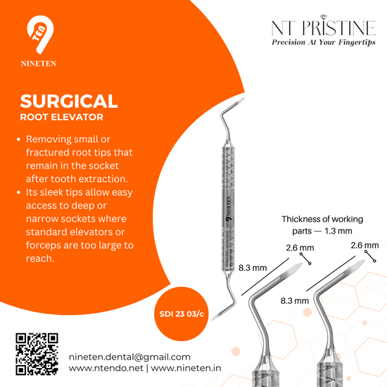 Surgical root elevator dental instrument for fractured root tip removal in deep extraction sockets